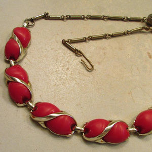 vintage red lucite thermoset gold tone necklace